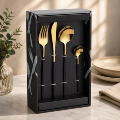 SET DE 24 CUBIERTOS DE ACERO FINOS DORADO Y NEGRO DEPO183