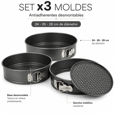 SET DE 3 MOLDES  REDONDOS DE HIERRO  PARA TORTA 24, 26 Y 28 DEPO179