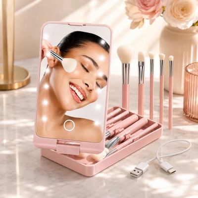 ESPEJO LED MAQUILLAJE RECARGABLE CON 5 BROCHAS
