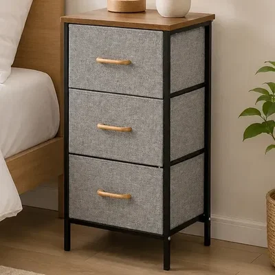 DEPO128 MESA DE LUZ DE HIERRO  NEGRO, MADERA Y TELA CON 3 CAJONES 30 X 40 X 75CM
