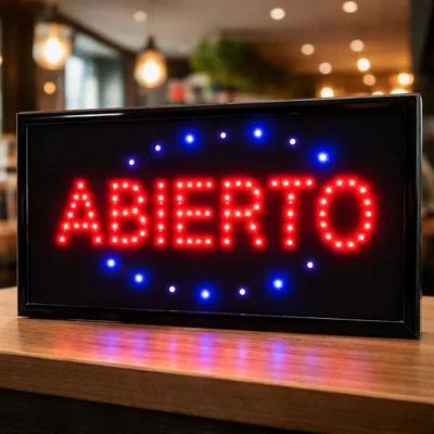 Cartel Led Luminoso Abierto Directo Azul Y Rojo Color Negro 48X25CM