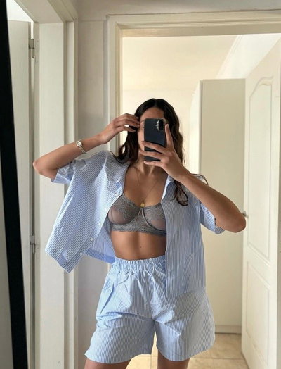 Pijama camisero de lino a rayas celeste