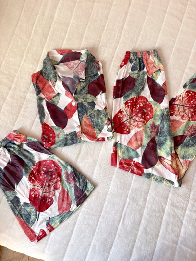 Pijama camisero de 3 piezas hojitas