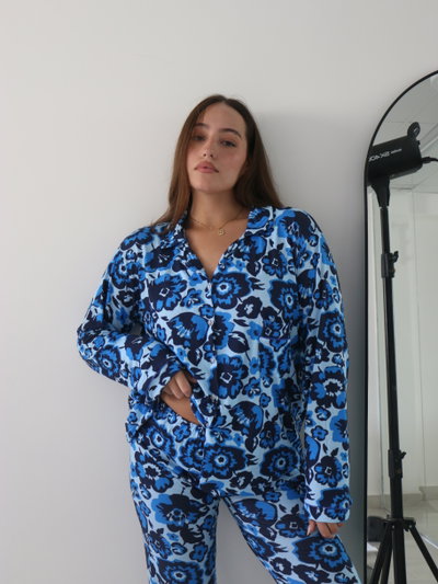 Pijama camisero largo de algodón flores azules