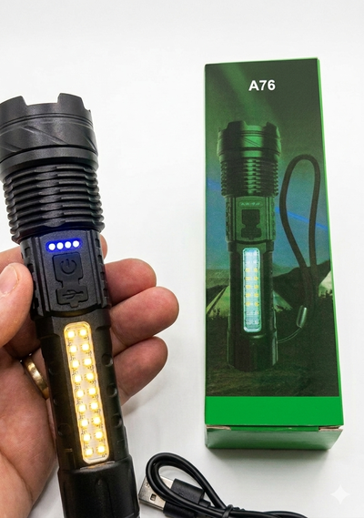 Linterna Táctica LED A76 Ultra Potente - Carga USB, Luz Lateral COB