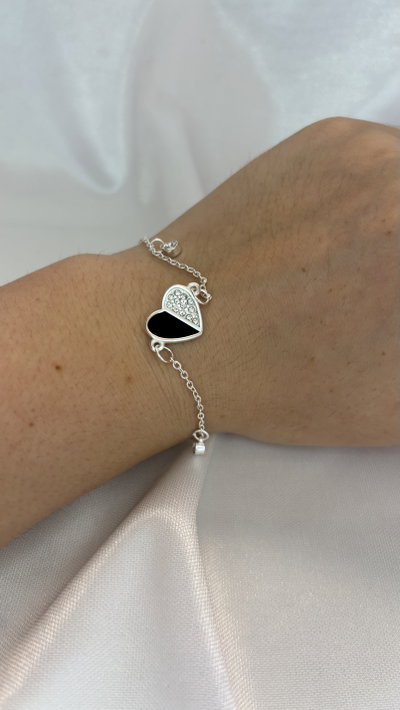 Pulsera Corazon Negro - Acero Blanco 