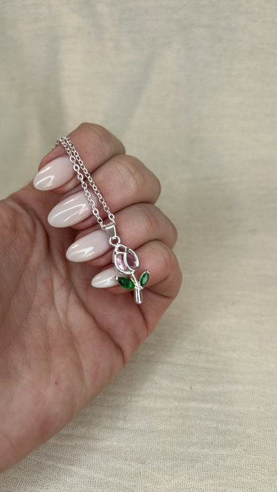 Collar Tulipán Rosa - Acero Blanco 