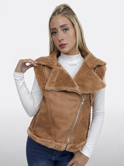 Chaleco Gamulan con Piel en Camel