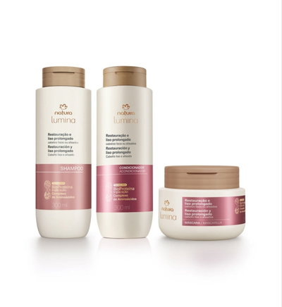 Kit shampoo, acondicionador y máscara lumina restauración y liso prolongado