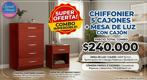 COMBO CHIFFONIER 5 CAJONES + MESA DE LUZ C/CAJÓN