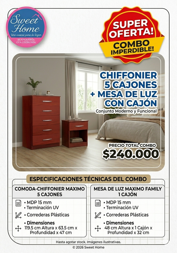 COMBO CHIFFONIER 5 CAJONES + MESA DE LUZ C/CAJÓN