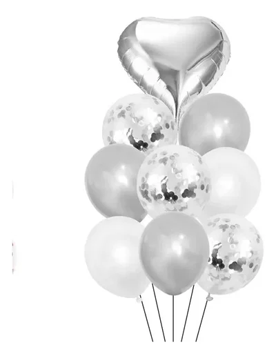 SET 9 GLOBOS  CORAZÓN  METALIZADO CONFETTI  PERLADO 