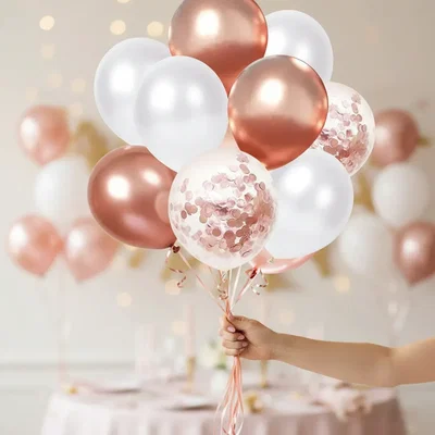 Set De 50 Globos Látex Perlados Cromados Confetti Rosa Gold 