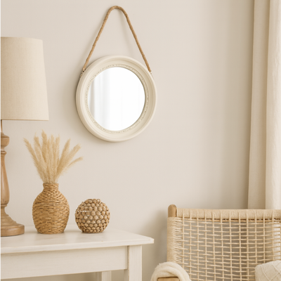 Espejo con soga Selma 33 cm- Crema (Solicitar artículo).