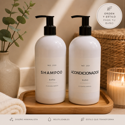  Set dispenser plastico para baño 500 cc Shampoo + Acondicionador. Blanco.
