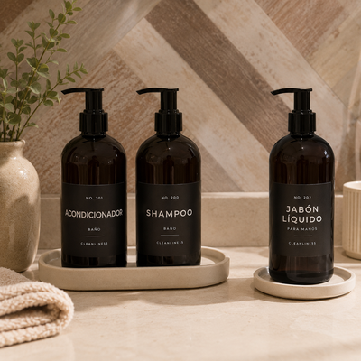  Set dispenser plastico para baño 500 cc Shampoo + Acondicionador + Jabón líquido. Ambar.