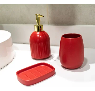 Set De Baño De Ceramica 3 Piezas Rojo