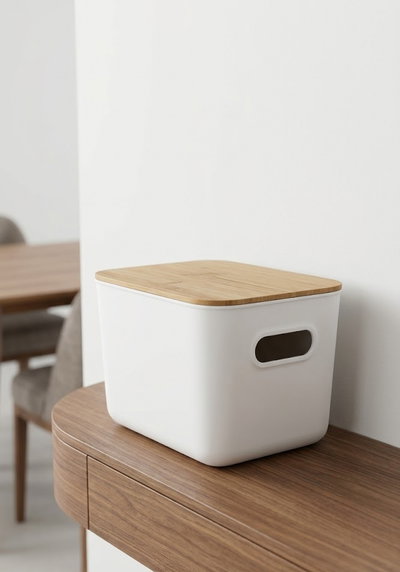 Canasto Organizador con Tapa de Bambú – 6,5 Litros (Blanco)