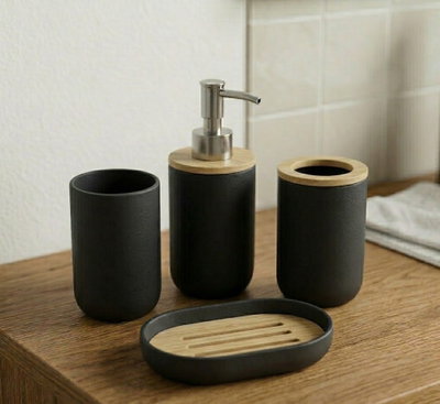 Juego de Accesorios para Baño en Negro y Bambú (4 Piezas)