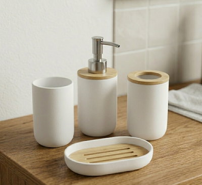 Juego de Accesorios para Baño en Blanco y Bambú (4 Piezas)