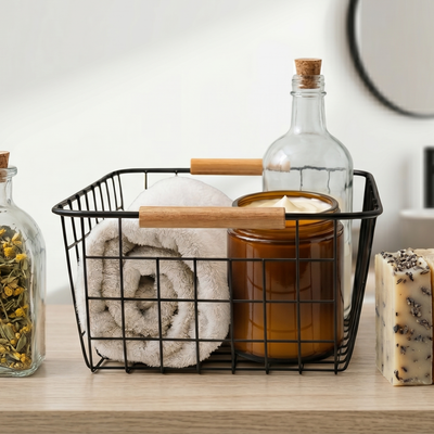 Canasto Organizador Metálico – Detalles en Madera de Bambú