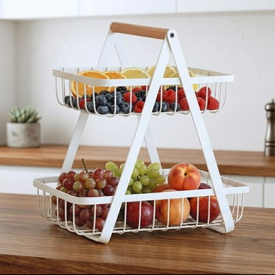 Canasto Organizador Doble para Frutas y Verduras – Metal y Madera