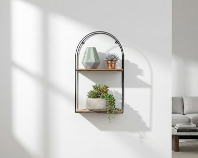 Estante Flotante de 2 Niveles con Arco – Hierro y Madera