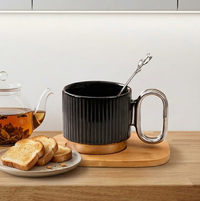 Combo de Taza de Cerámica, Cuchara y Posavaso de Bambú