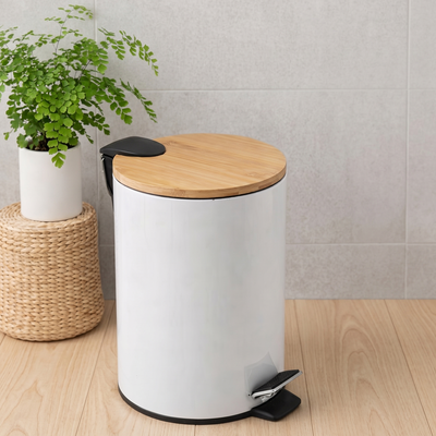 Cesto de Basura Blanco (3 Litros) con Tapa de Bambú
