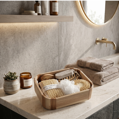 Set de Cuidado Corporal y Baño con Base de Bambú (7 Piezas)