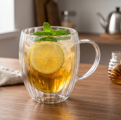 Taza de Vidrio Acanalado Doble Pared Térmica 450cc