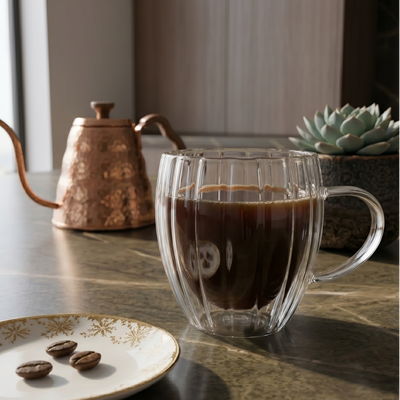 Taza de Vidrio Acanalado Doble Pared Térmica 350cc