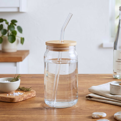 Vaso de Vidrio con Tapa de Bambú y Sorbete Reutilizable