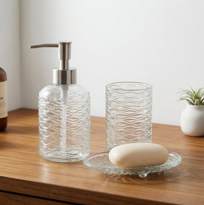 Juego de Baño de 3 Piezas en Vidrio Transparente Elegante