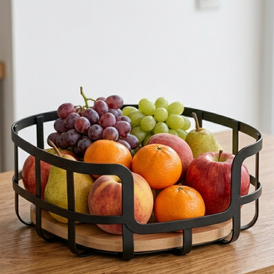 Frutera de Diseño Industrial en Hierro y Bambú Negro