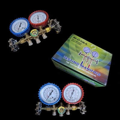 MANIFOLD R22/R12/R134/R502/R404 CON PROTECTOR Y VISOR Cuerpo de bronce y manguera 