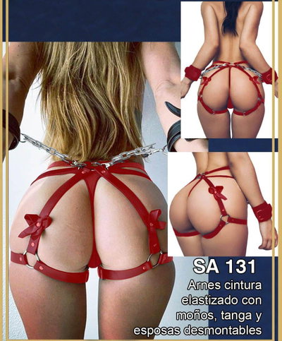 Arnes cintura y cola elastizado con moños, tanga y esposas desmontables rojo