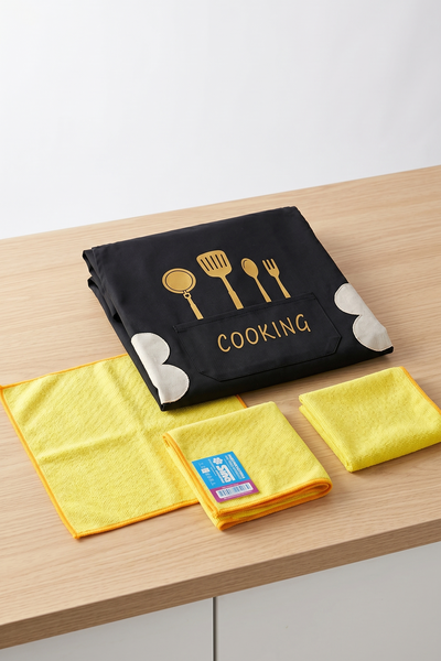 Kit de cocina: 1 delantal + 3 paños Microfibra