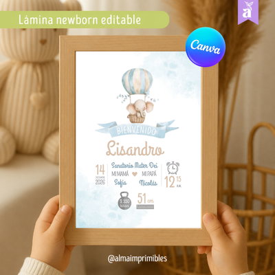 Lámina Newborn Editable Canva_Elefante nene