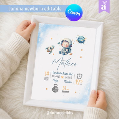Lámina Newborn Editable Canva_Astronauta