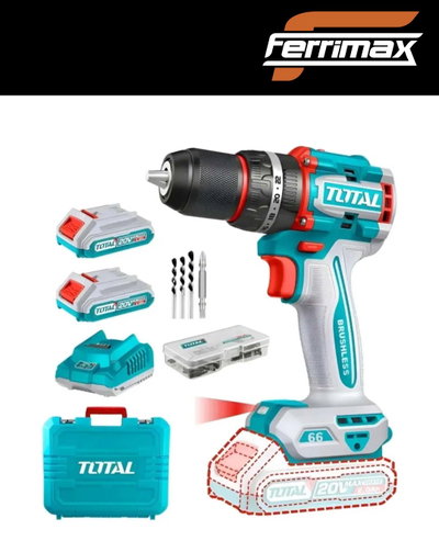 Taladro Percutor Inalámbrico Brushless Total 20V 66Nm con 2 Baterías, Cargador y Maletín