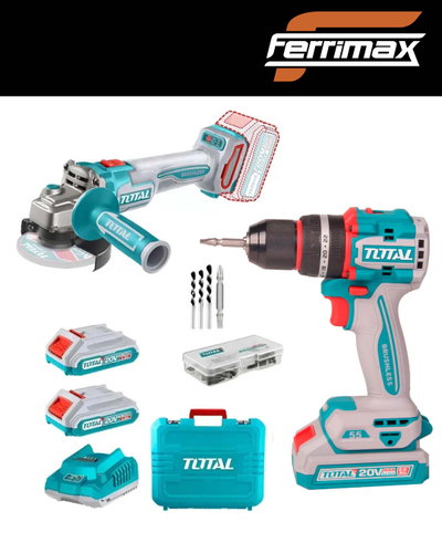 Kit Total 20V Brushless Taladro Percutor 55Nm + Amoladora Angular 115 mm con 2 Baterías