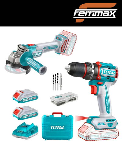 Kit Total 20V Brushless Taladro Percutor 66Nm + Amoladora Angular 115 mm con 2 Baterías