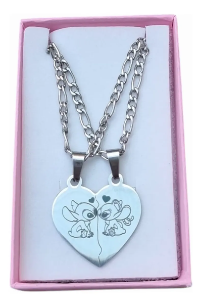 Collar Dije Stitch Beso Acero Corazón Personalizado 2 Caras