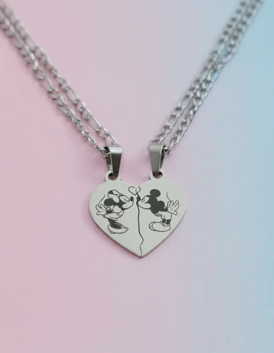 Collar Dije Mickey Minnie Beso Acero Corazón 2 Caras