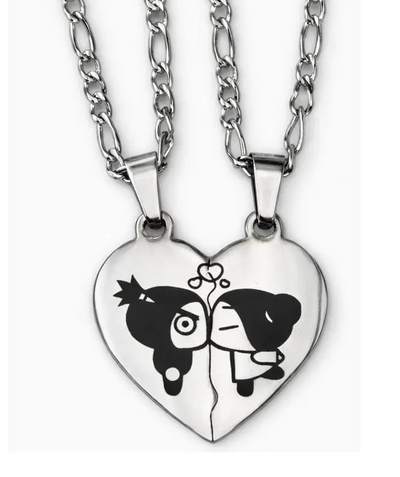 Collar Dije Corazón Partido Pucca & Garu Acero Personalizado
