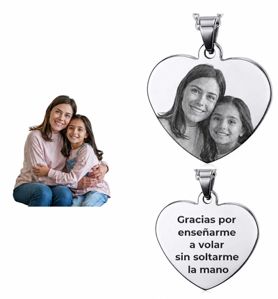 Collar Corazón Fotograbado Láser HD | Foto y Frase Personalizada