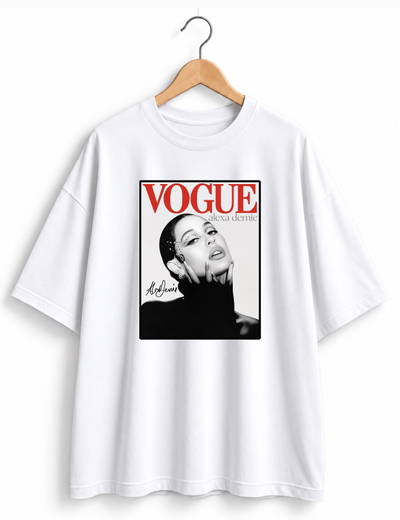 Remera Oversize Unisex Blanca Mujer Vogue Rojo   - Algodón Peinado 20.1 Talle Único M/L
