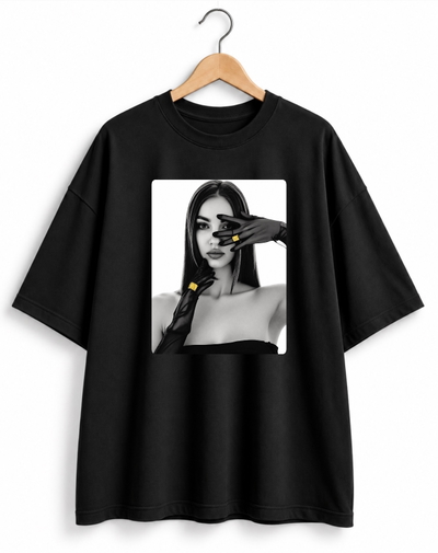 Remera Oversize Unisex Negra Mujer Anillos Dora  - Algodón Peinado 20.1 Talle Único M/L