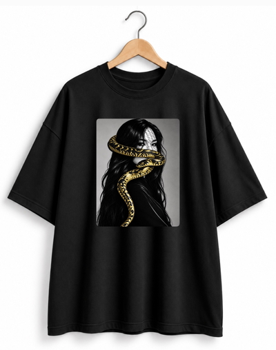 Remera Oversize Unisex Negra Mujer Vibora   - Algodón Peinado 20.1 Talle Único M/L